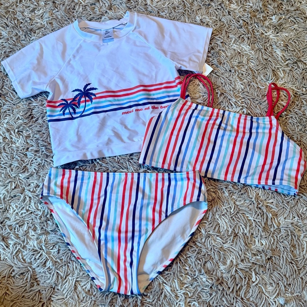 Art Class Girls Striped Bikini Set with White Rash Guard - Red Blue, Pink XXL 18